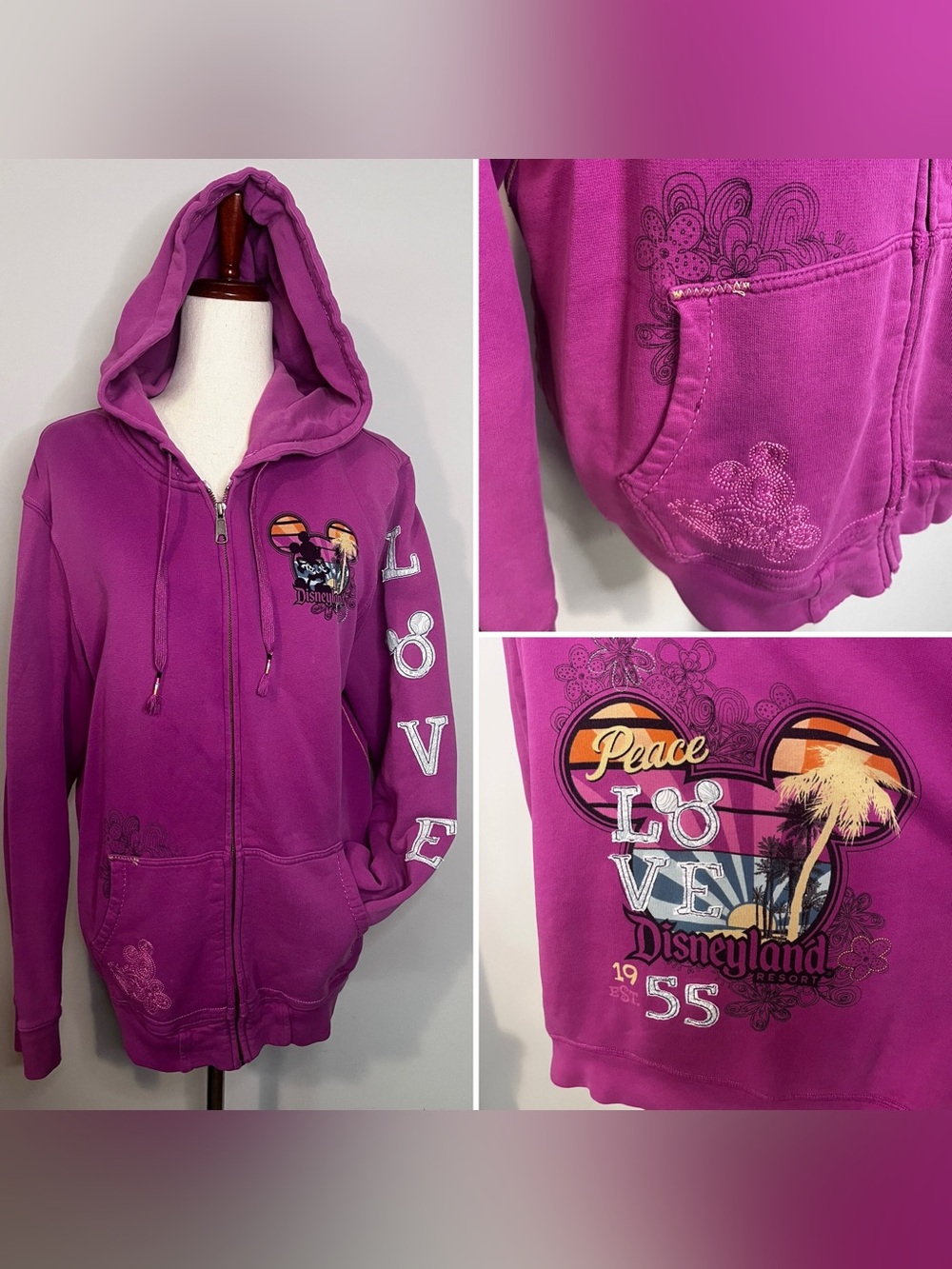 Disneyland Peace Love Pullover Hoodie - Vibrant Magenta-XL